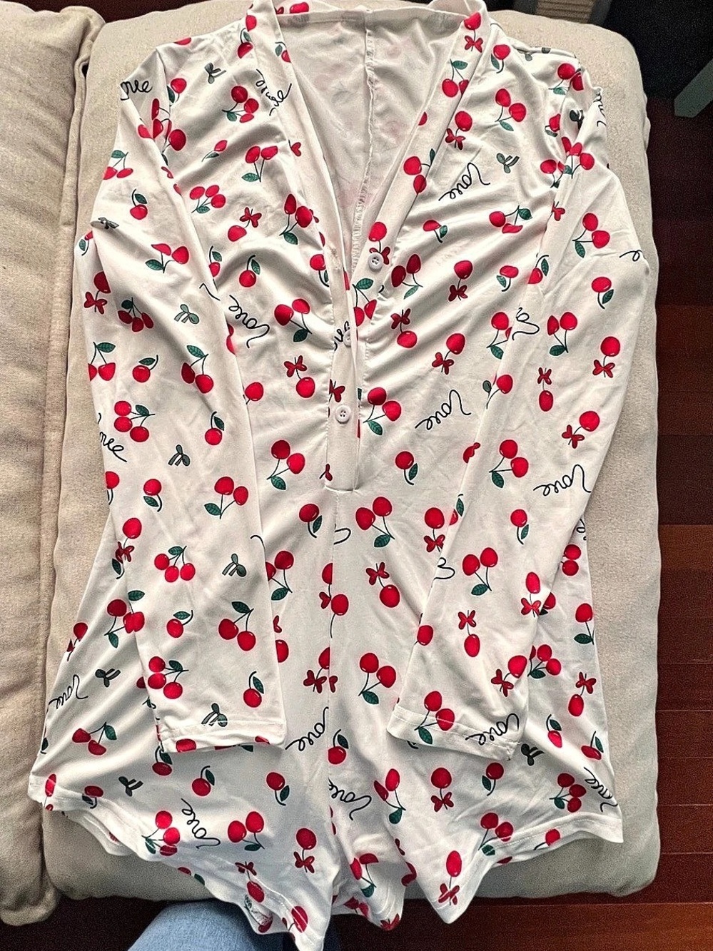 Cherry Print Button Front Sleep Romper. Size L